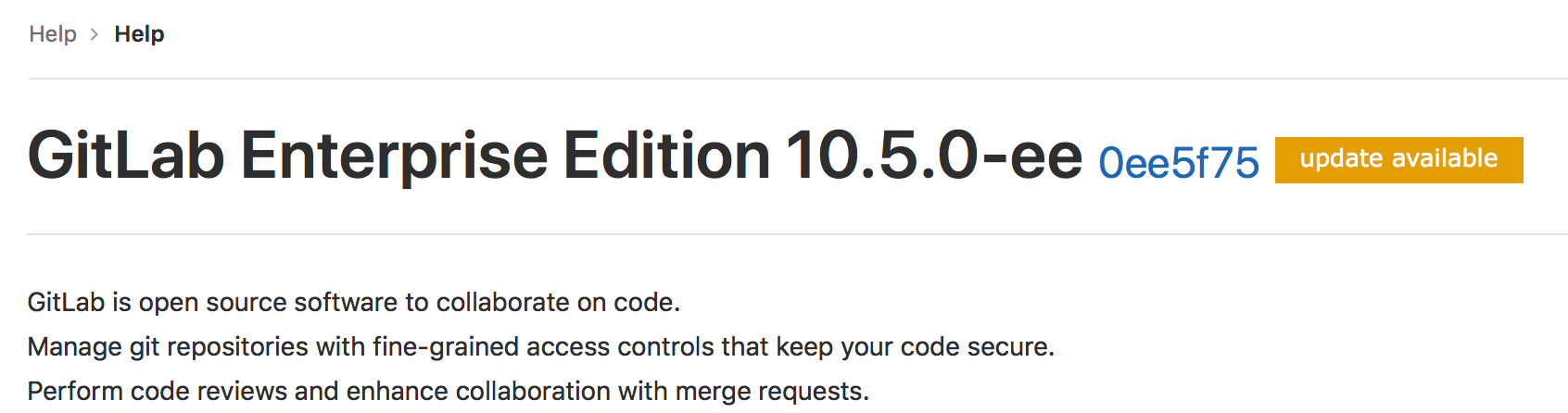 Version check showing that a non-critical update is available for the GitLab instance