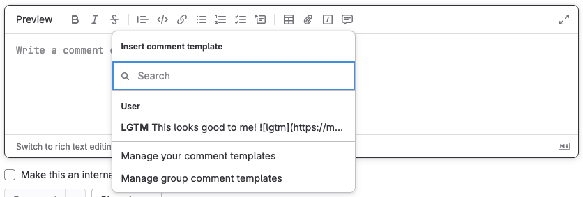 Comment templates dropdown list