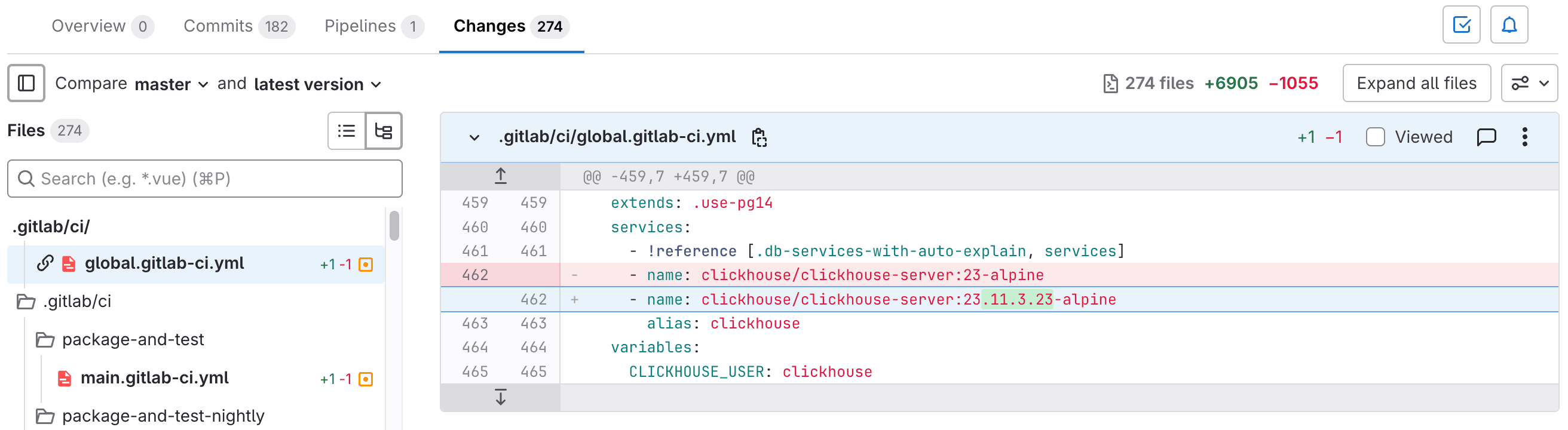 A merge request showing a YAML file at the top of the list.