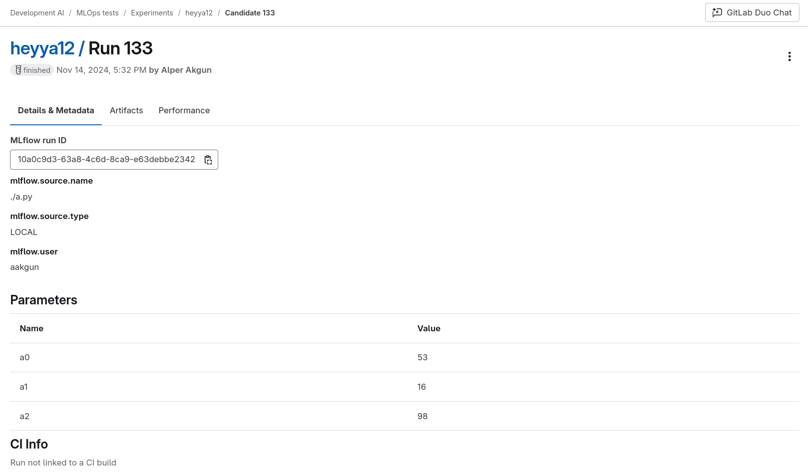 Experiment details and metadata page showing ML flow run ID, source information, and parameters.